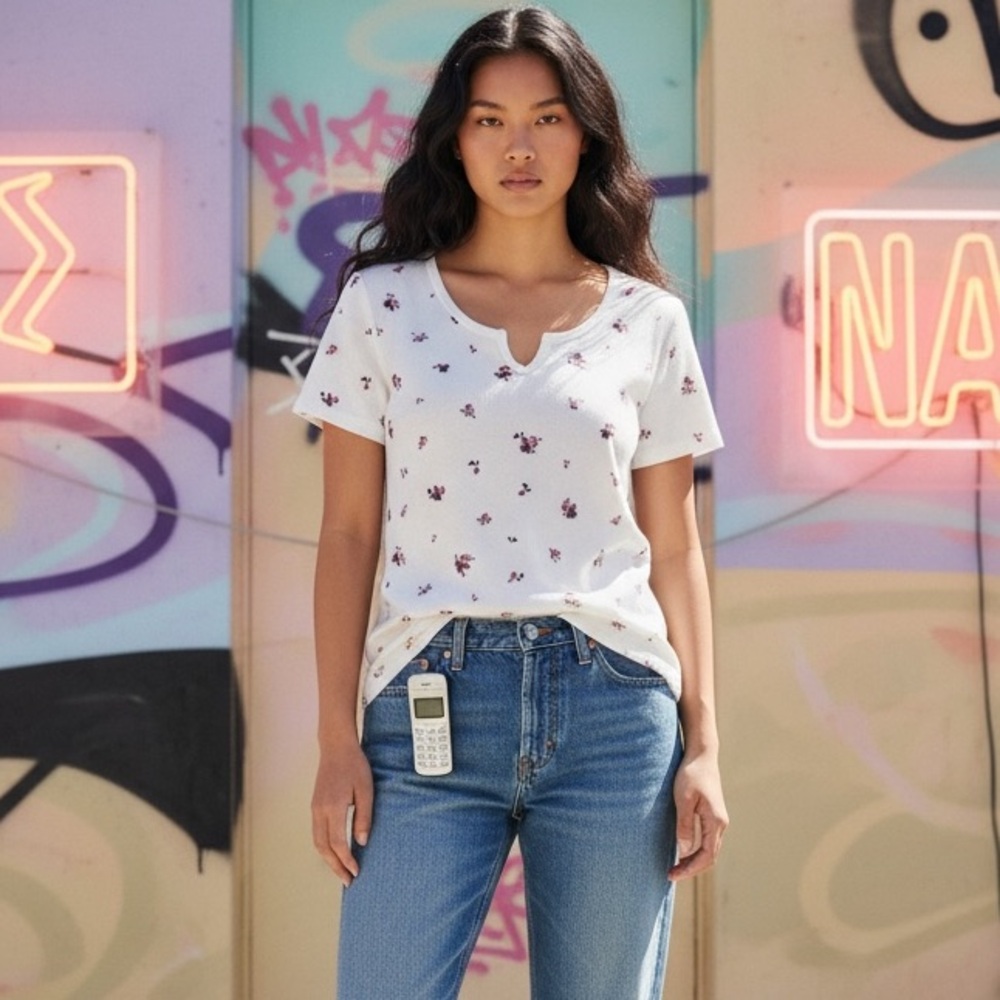 Old Navy Short Sleeve Notch Tee‎ White Floral Ribbed Y2K 90s Aesthetic Babytee